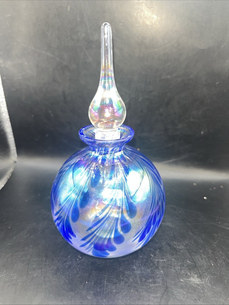 Iridescent Perfume Bottle With Stopper Pulled Feather Blue 6”