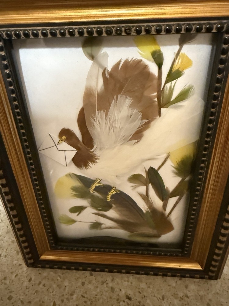 Bird Carrying A Letter Made with Feathers Framed Artwork Decor Creative Unique