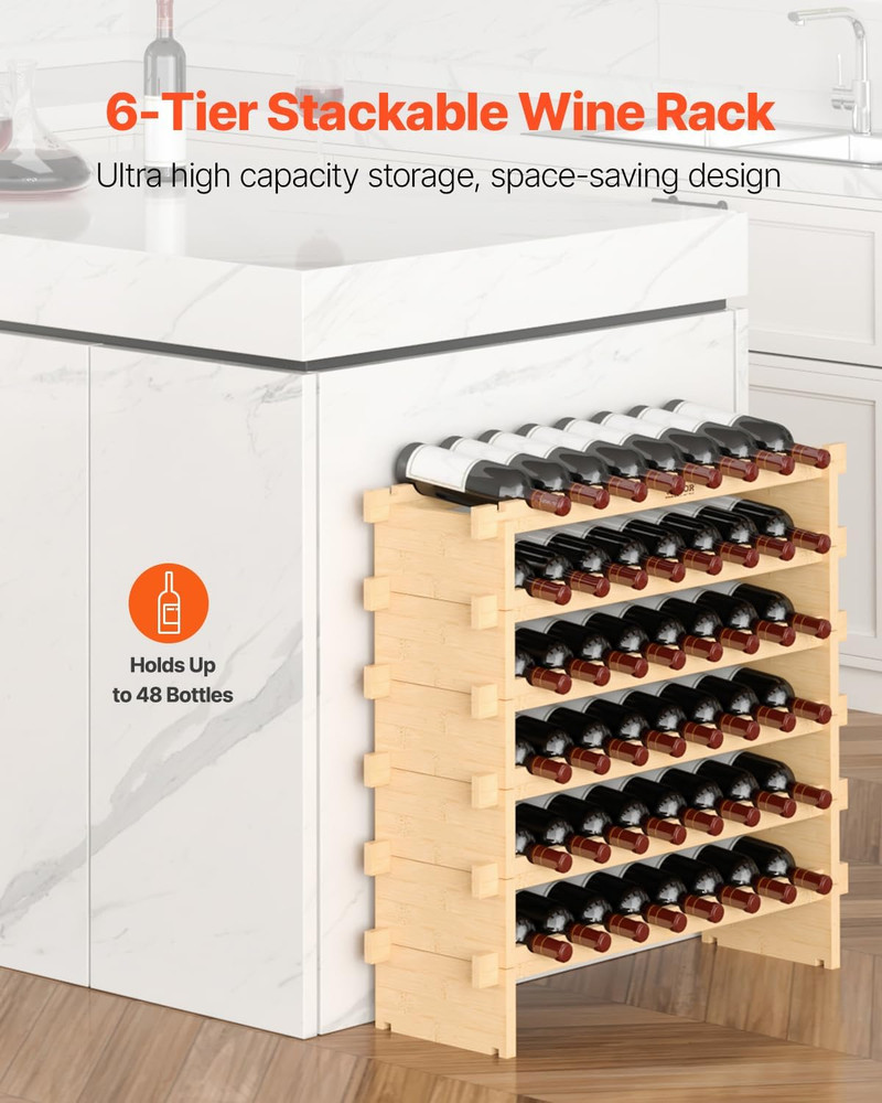 6-Tier 48 Bottles Stackable Modular Wine Rack, Freestanding Wines Holder Display