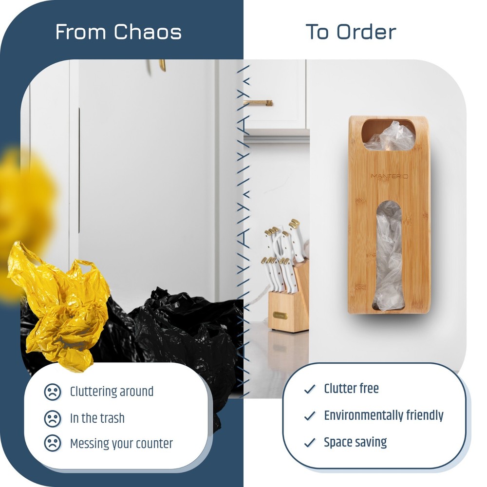 Manterio Bamboo Wall-Mounted Sleek Plastic Bag Holder