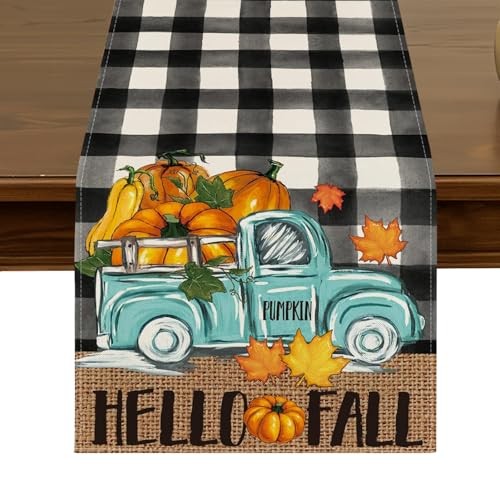 Hello Fall Truck Pumpkin Table Runner 13x72 Inch Maple Leaf Car Table Runner