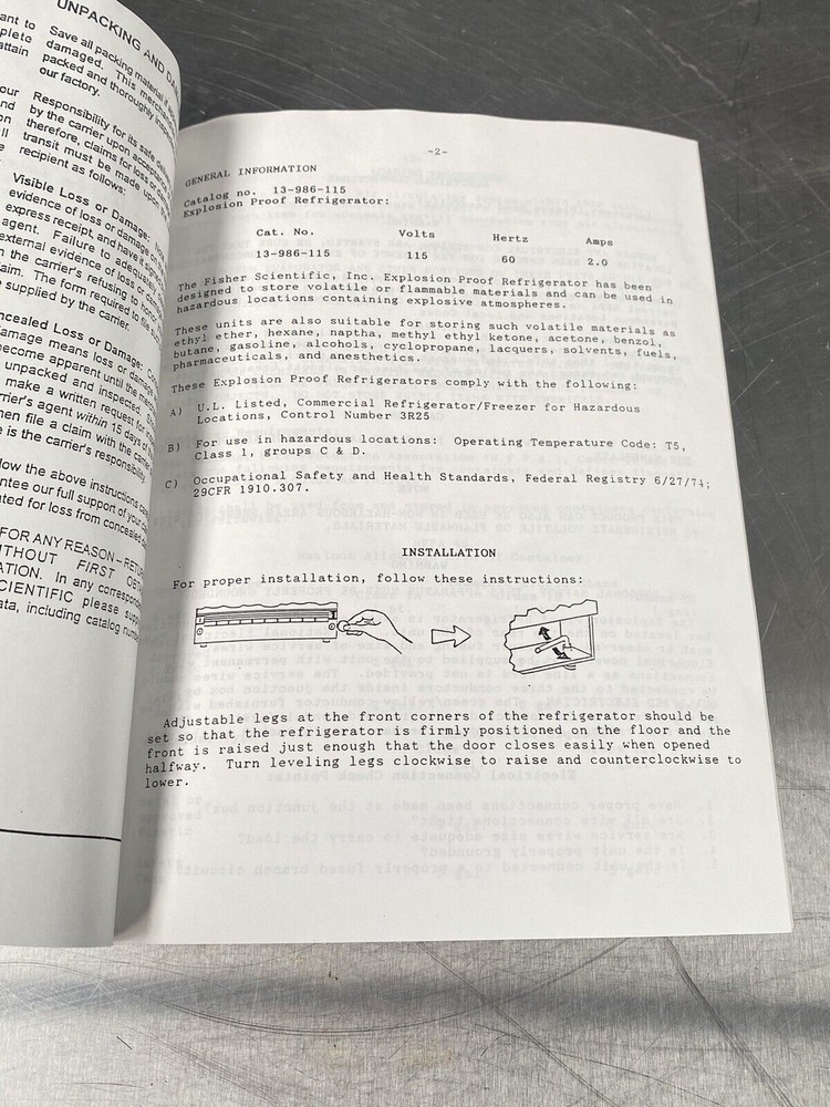 Fisher Scientific Explosion Proof Refrigerator - Users Manual/Instructions Book