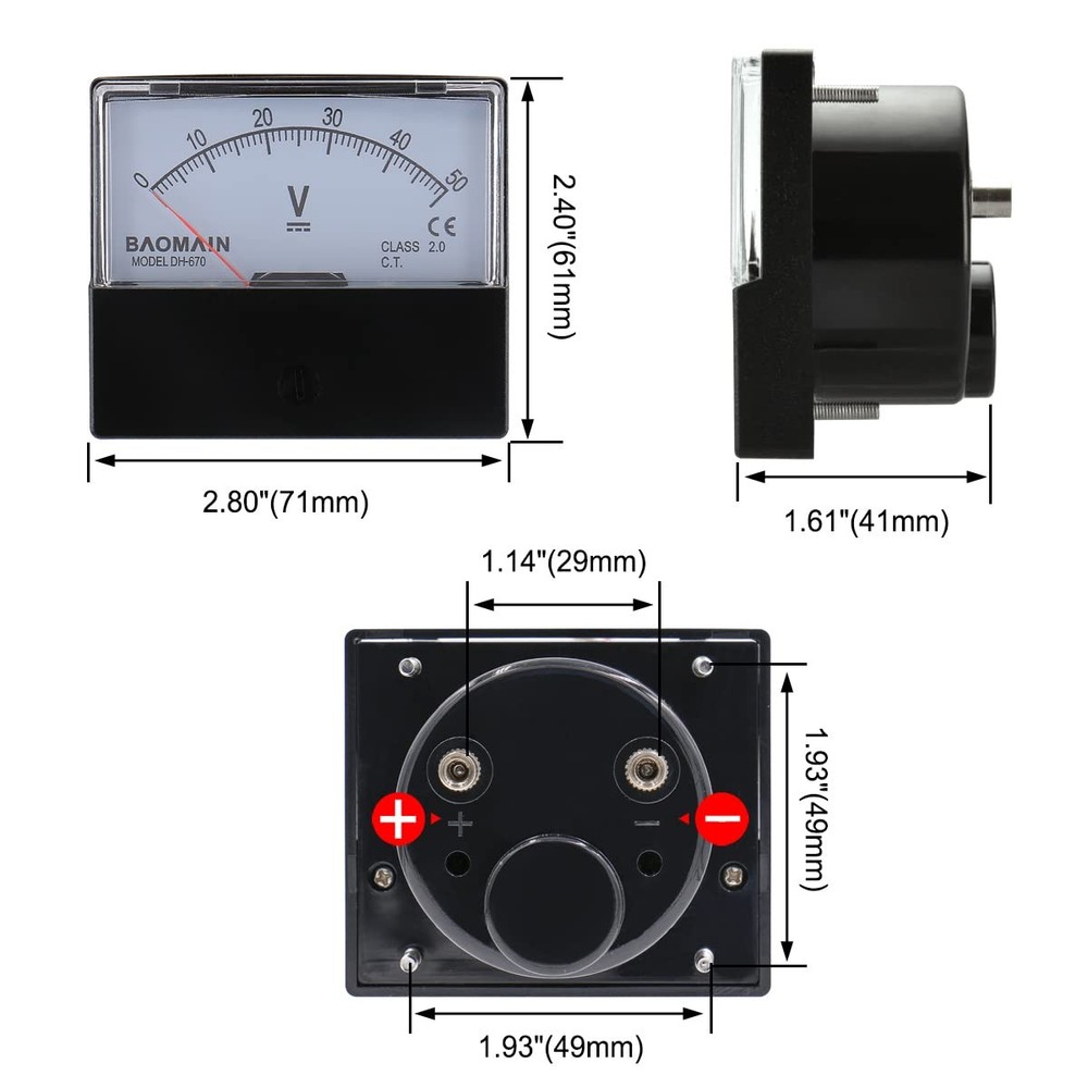 Baomain Voltmeter DH-670 DC 0-50V Rectangular Class 2.0 Analog White,Black