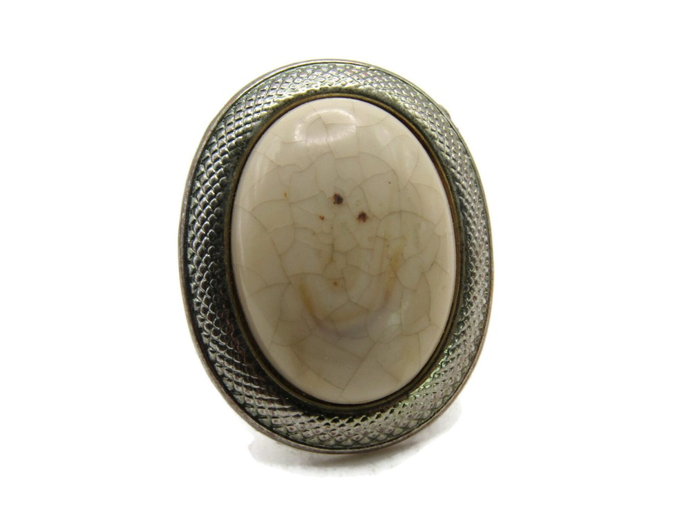 Large Statement Ring Oval Cream Crackle Stone Cabochon Textured Silver Tone