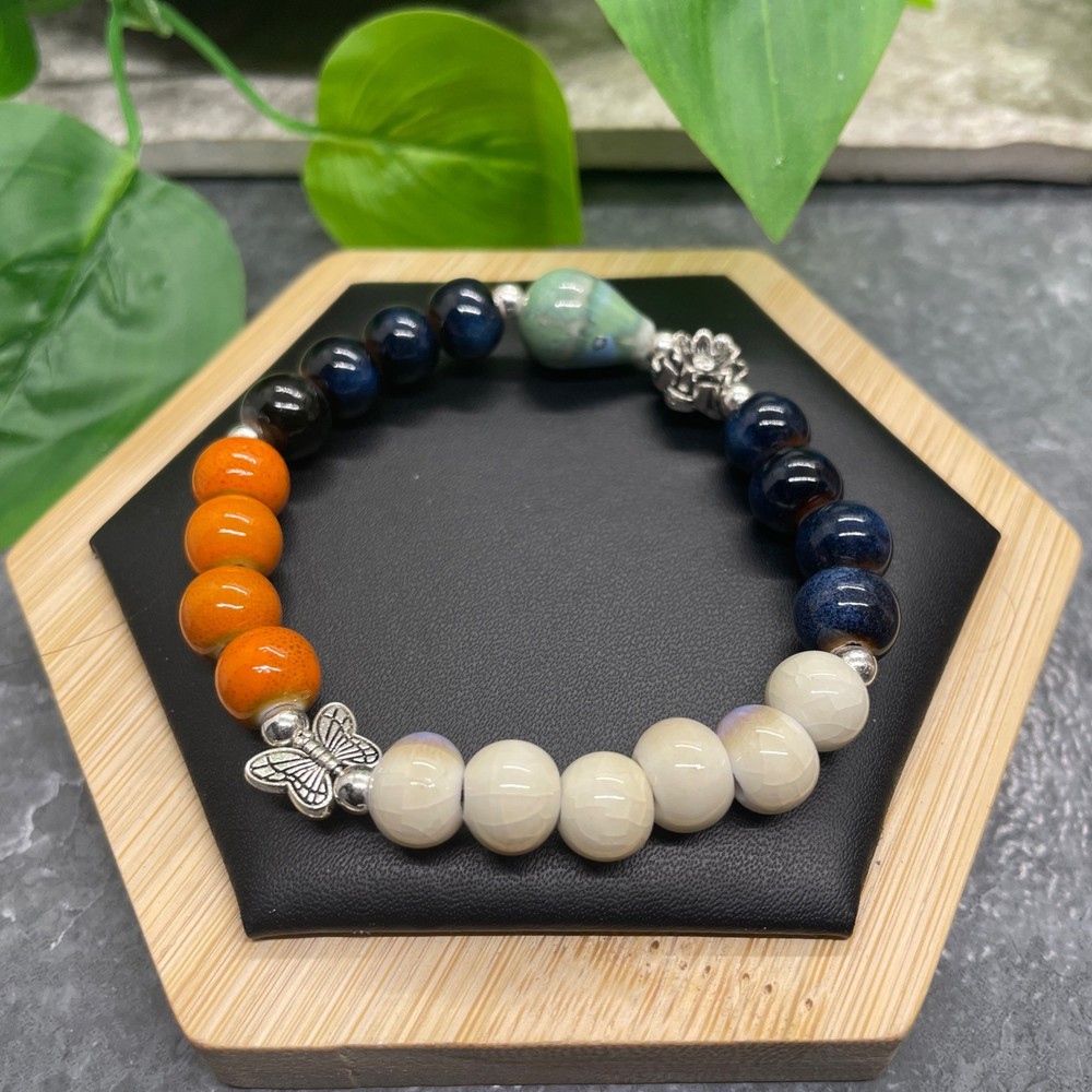 Handmade Ceramic Bead Beaded Stackable 6.5” Plus Stretch Bracelet New B502