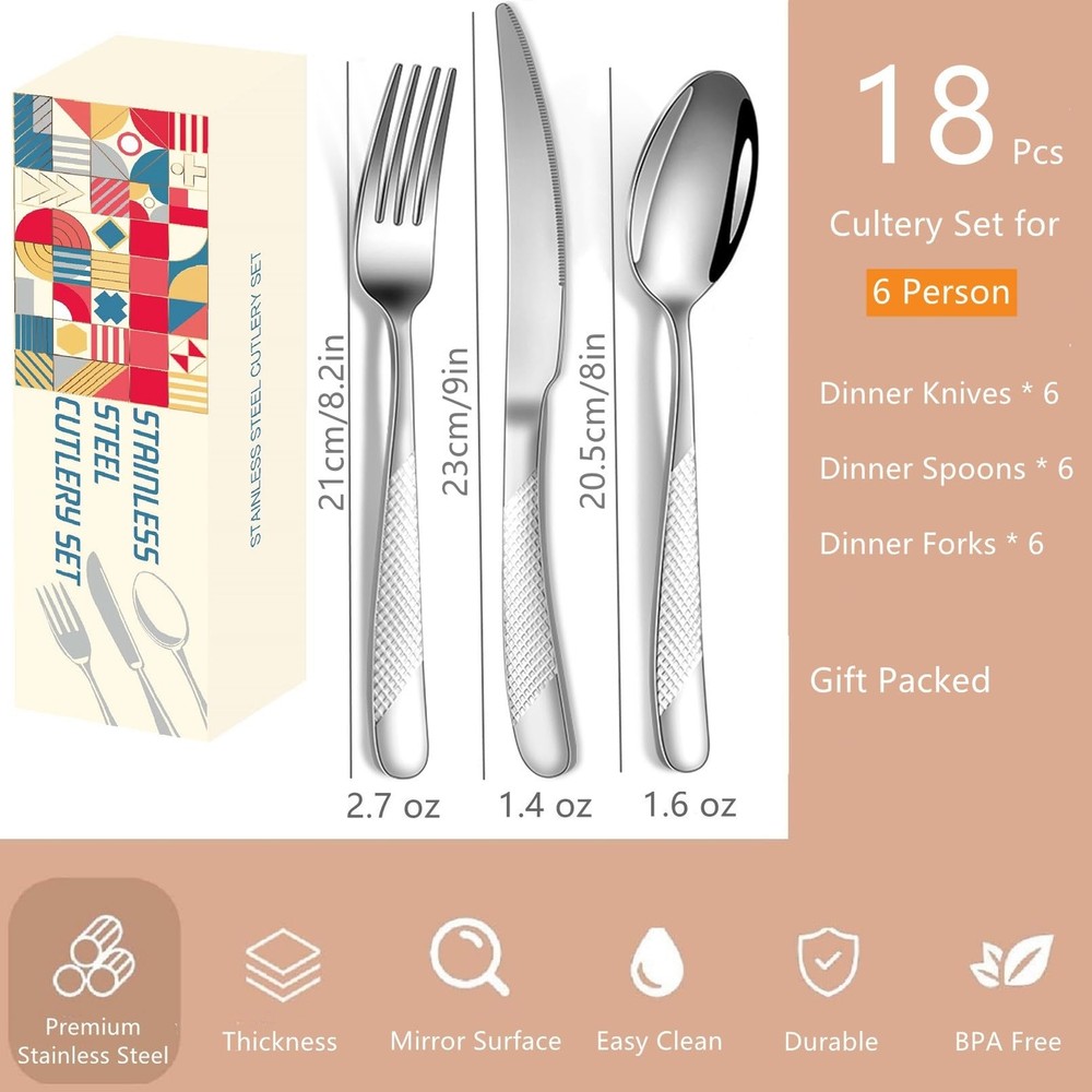 Silver Hammered Silverware Set for 6 Rustproof Stainless Steel Flatware Cutle...
