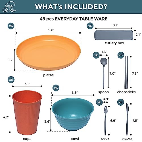 48 Pcs Wheat Straw Dinnerware Sets for 6- Unbreakable Dinnerware Multicolor B