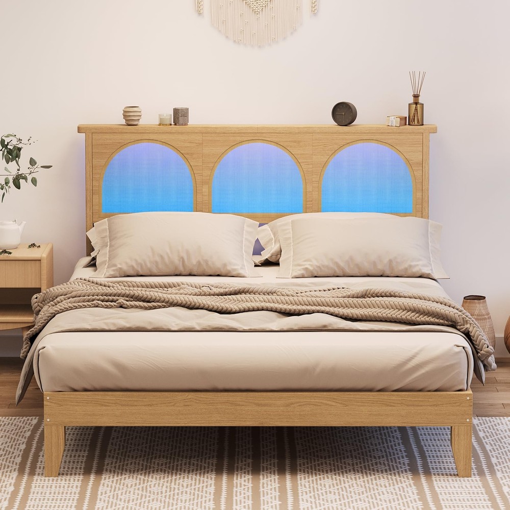 Queen/Full Size Platform Bed Frame W/LED Lights &Wood Headboard,Underbed Storage