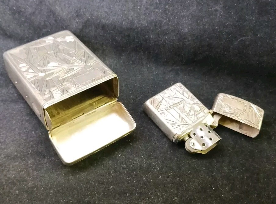 ANTIQUE 950 Silver Japanese Bamboo Lighter & Cigarette Case