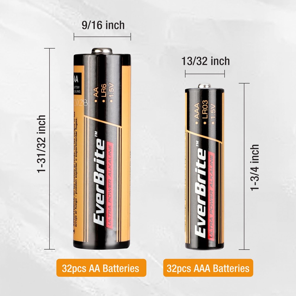 EverBrite 64PCS Alkaline Battery Pack 32PACK AA/32PACK AAA Alkaline Battery PACK