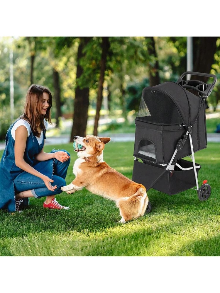 3 Wheels Pet Stroller Cats Dog Strollers Storage Basket Cup Holder