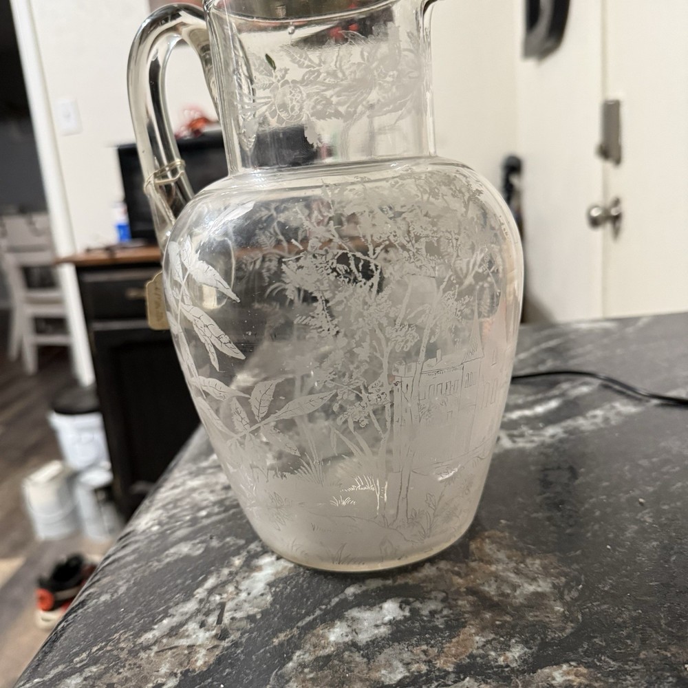 Wenderfel etched Glass Pitcher Clear Round with Handle Decorative Birds Design