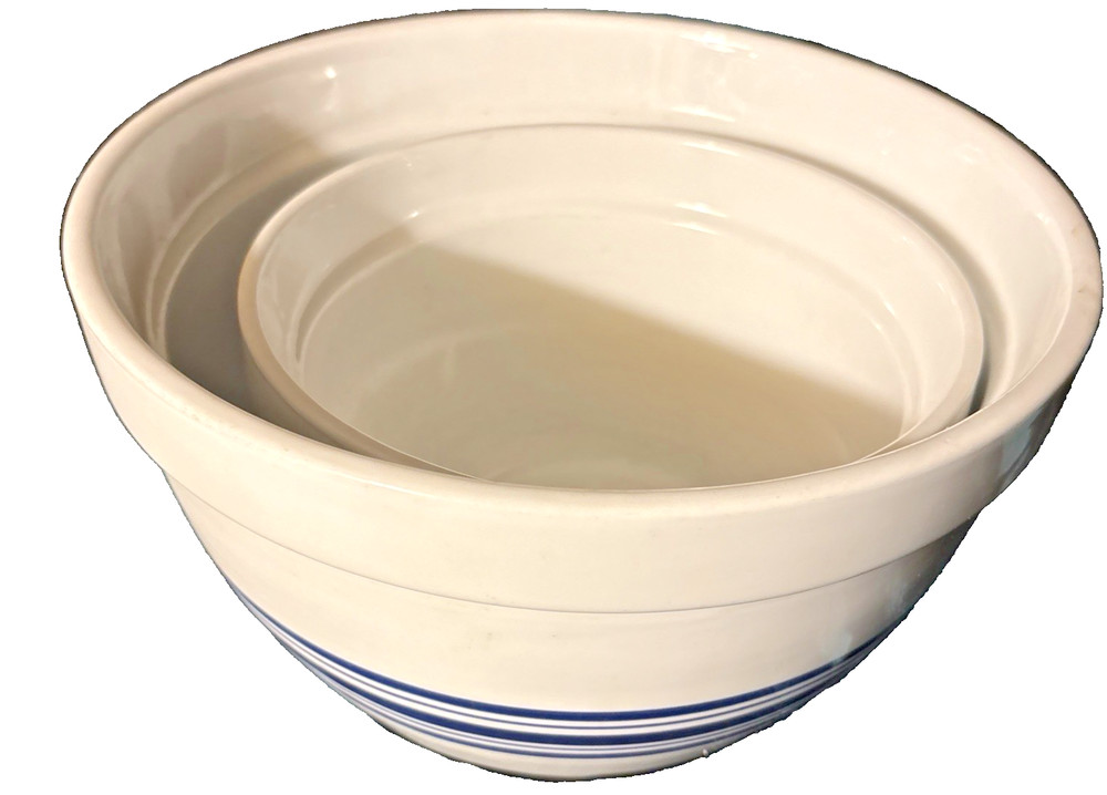 2 Crate & Barrel Heavy Duty Mixing Nesting Bowls White Blue Stripes Ceramic