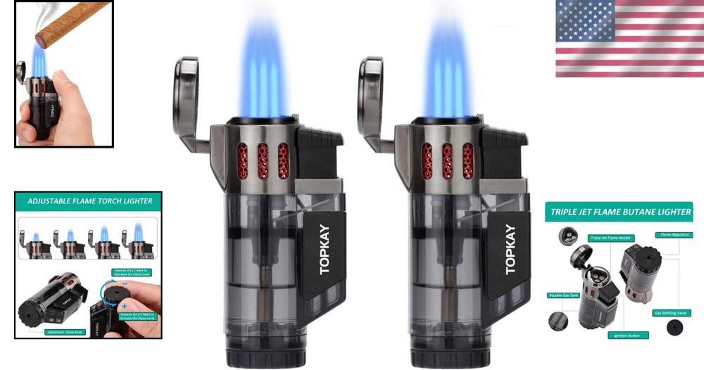 Refillable Triple Jet Torch Lighters - Windproof and Convenient, Gift Set 2 Pack