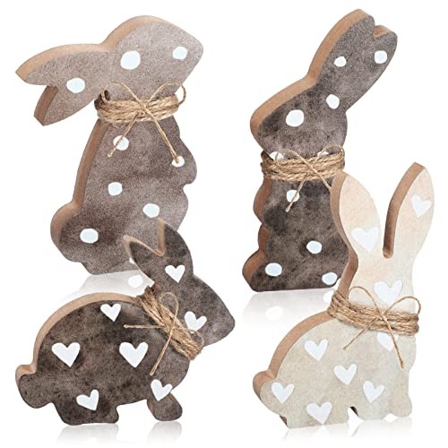 4 Pcs Easter Decorations Easter Bunny Wooden Table Sign Tabletop Rabbit Brown
