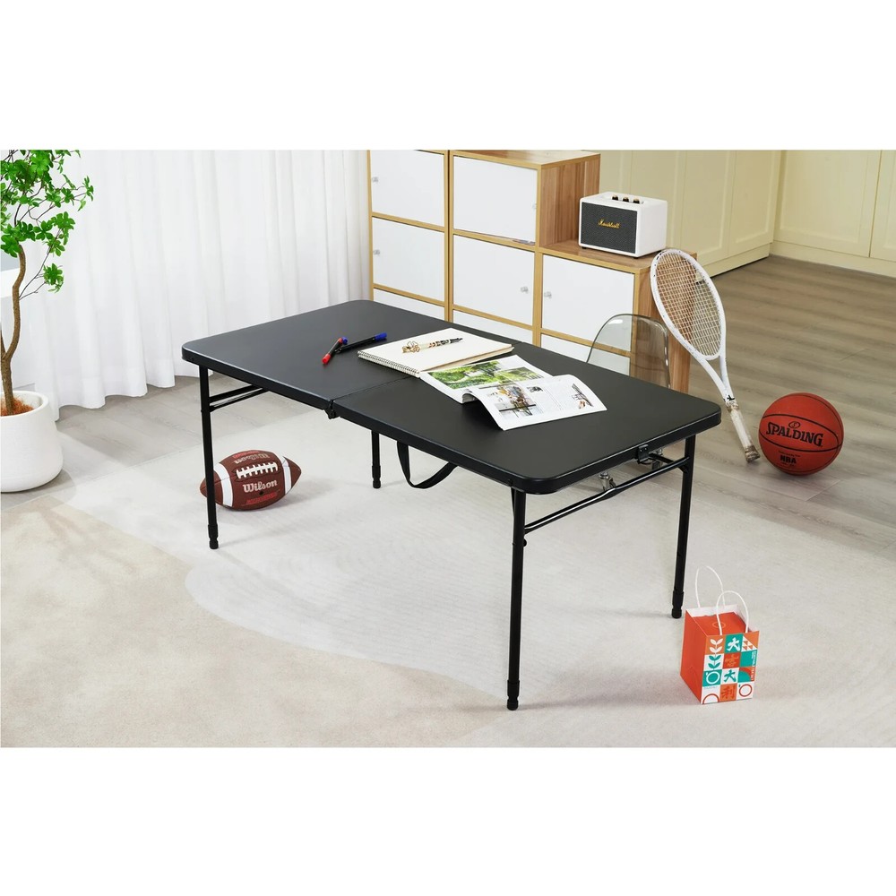 Mainstays 4 Foot Fold-in-Half Adjustable Folding Table, Rich Black, New.