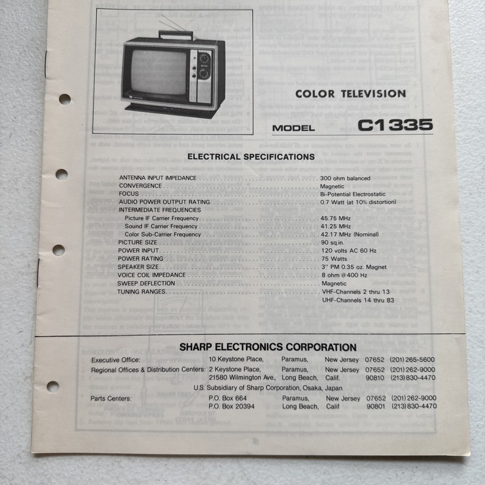 Sharp Electronics Color TV Model C1335 Preliminary Service Information