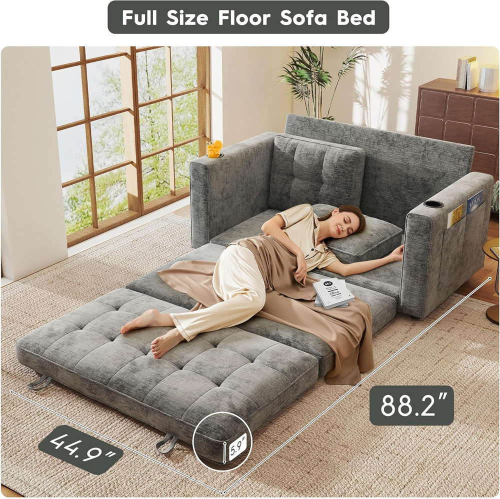 Compact 55" Grey Chenille Convertible Sofa Bed with Cup Holder & Pillow