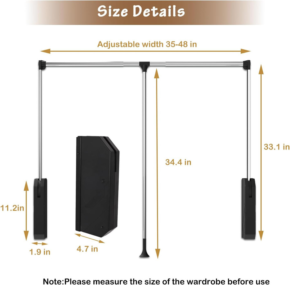 Adjustable Stainless Steel Pull Down Closet Rod, 60 Lbs Capacity, 35"-48