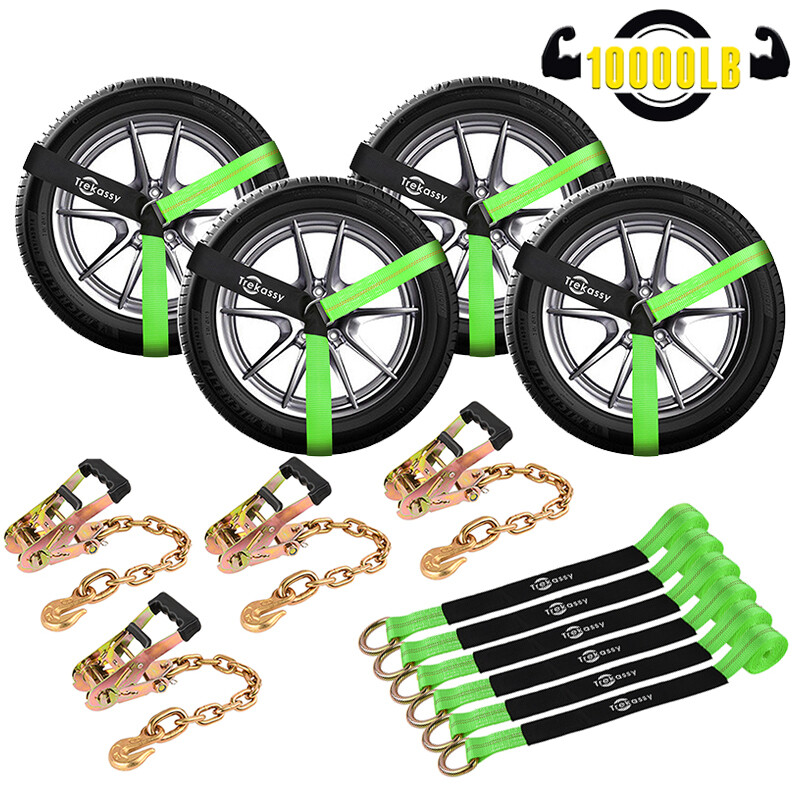 4 Axle Straps Car Hauler Trailer Tie Down with Chain Anchors Ratchet Straps NEW