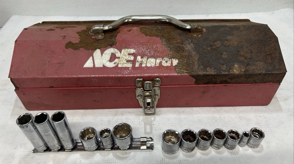 Vintage Ace Hardware Lot Tool Box And Various Socket In Good Working Condition