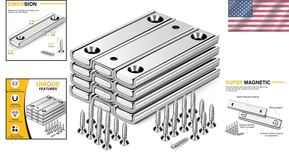 Neodymium Rectangular Pot Magnets with 70LBS Pull Force - Pack of 12