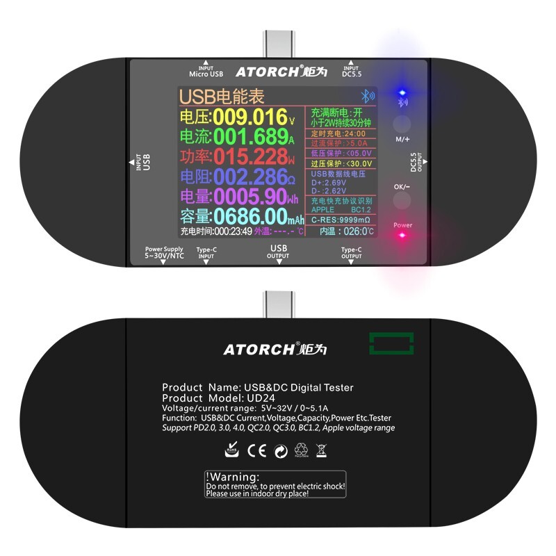 ATORCH UD24 USB Voltmeter Voltage Current Meter DC Digital Tester 12 DC Adapters