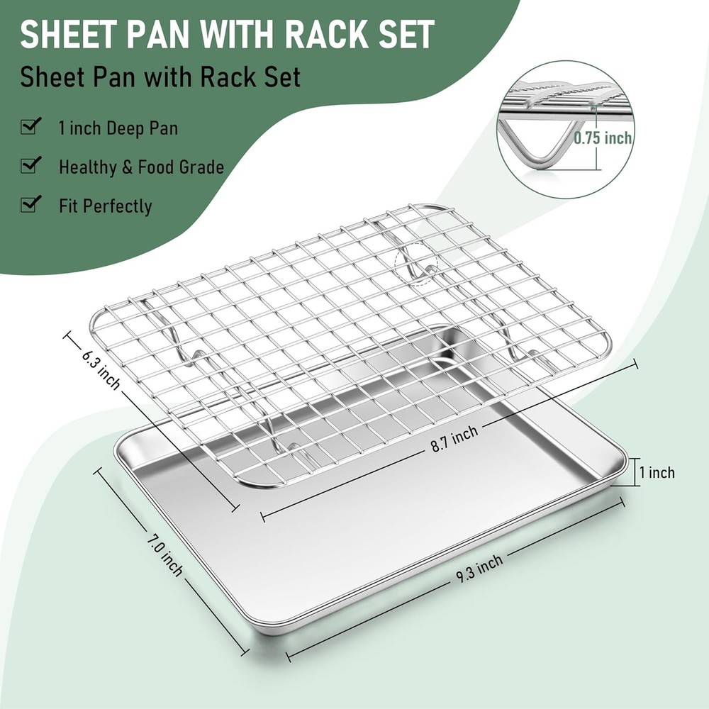 Toaster Oven Pan with Rack Set (2 Small Baking Sheets+2 9*7 INCH, Silver