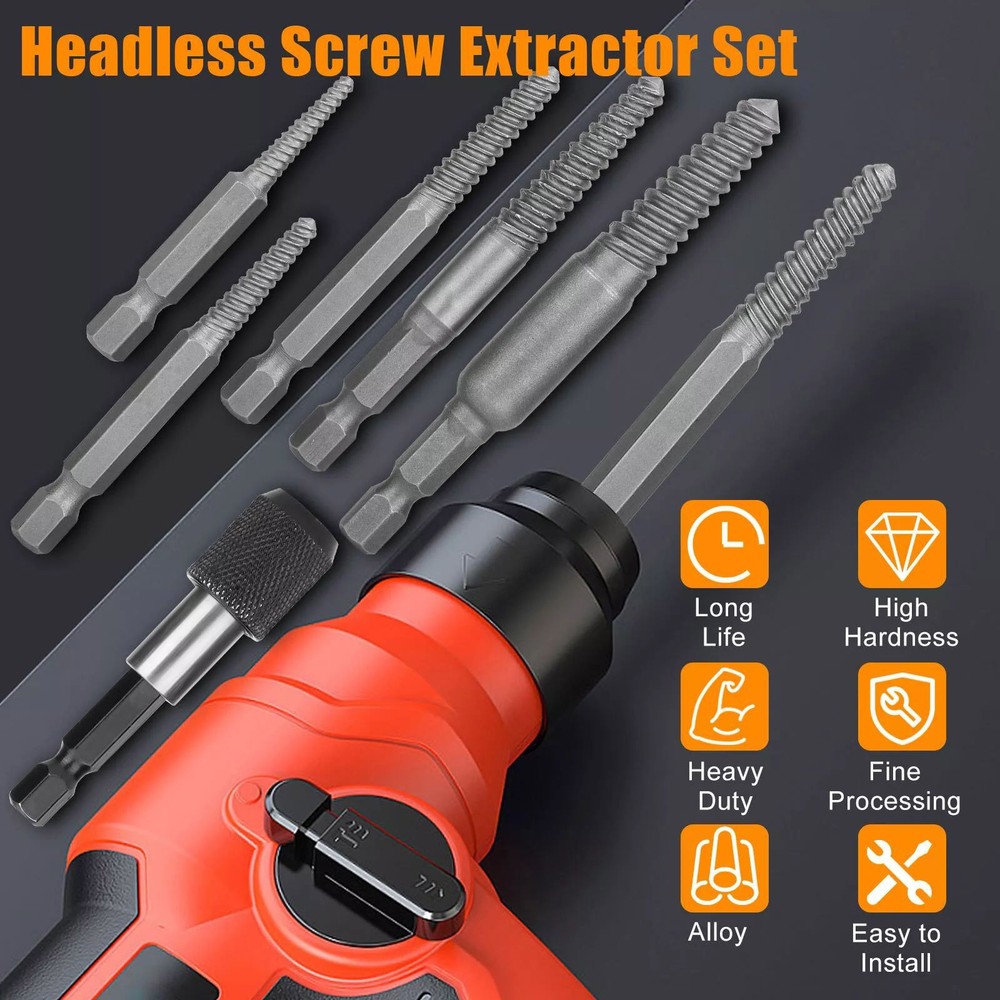 6* Stud Screw Extractor Remover Kit includes 5 different-sized headless screws