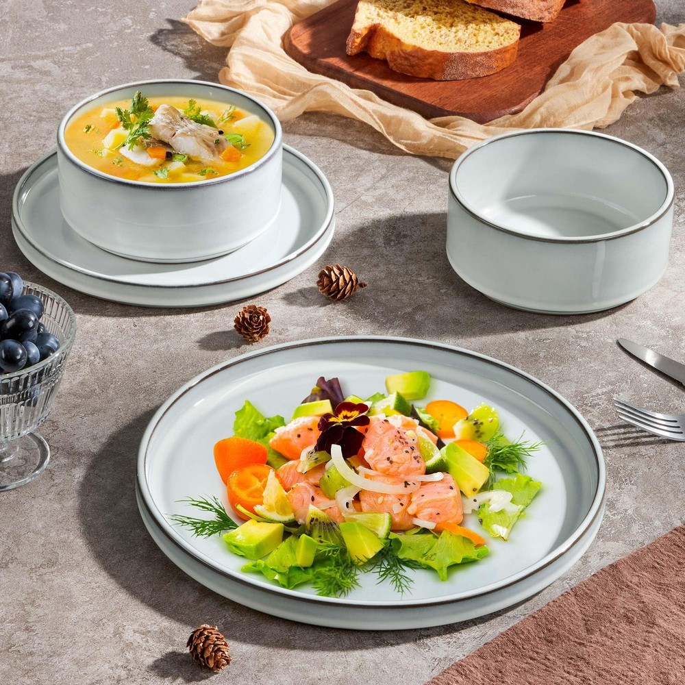 12 Pieces Stoneware Dinnerware Set for 4, Ceramic Dinner Dishware Icy White