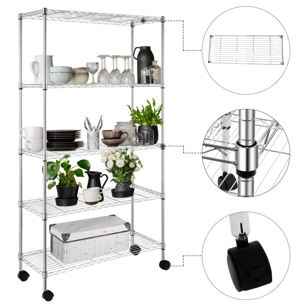 65x36x14" 5 Tier Adjustable Wire Metal Storage Shelving Shelf Unit Rack Rolling