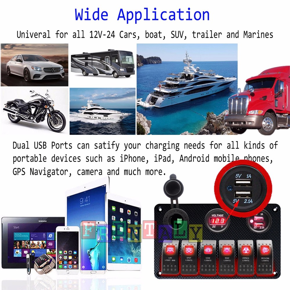 Red#1 CF 6 Gang Car Rocker Switch Panel USB Socket Power Plug Voltmeter Charger