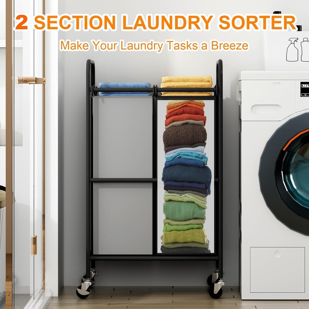 Double Compartment Rolling Laundry Basket w/ Durable Fabric Bags & Smooth Wheels