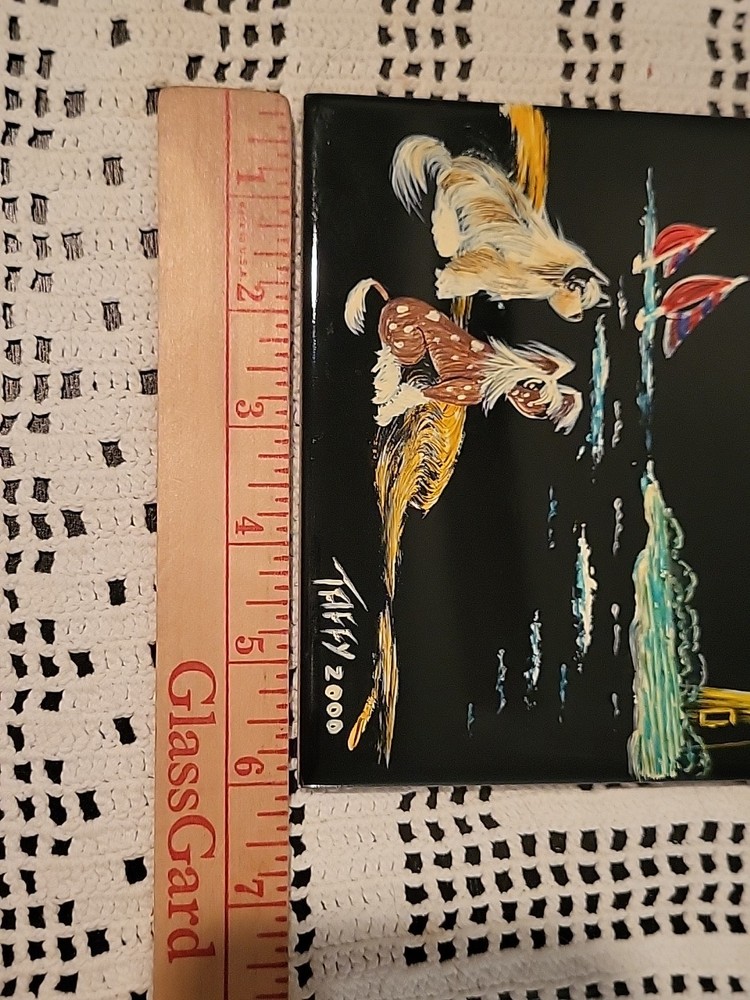 Hand Painted Dog Ceramic Tile 6" Square Multicolor 2000 Y2K Lighthouse Signed