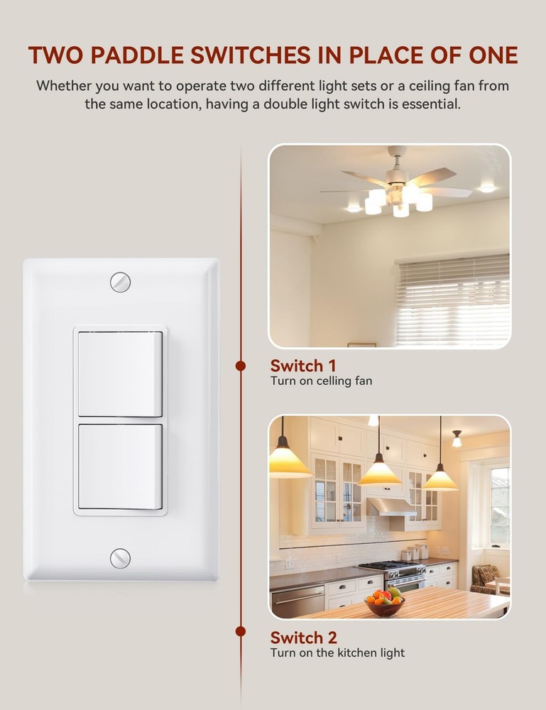 AIDA Single Pole Double Paddle Rocker Decorator Light Switch, 15 Amp Self-gro...