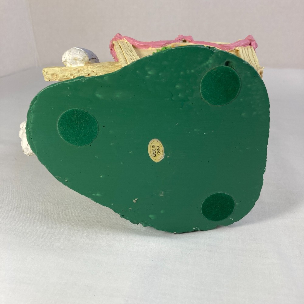 Spring Easter Bunny Figurine Rabbit Straw Hat Blue Overalls Pulling Wheelbarrow