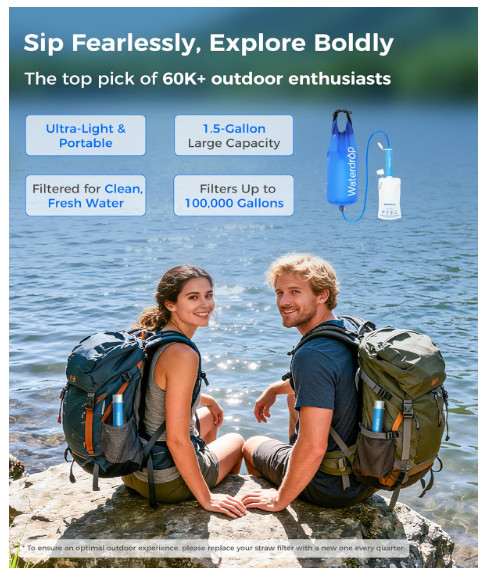Waterdrop Gravity Water Filter Straw, Camping Water Filtration System, Blue