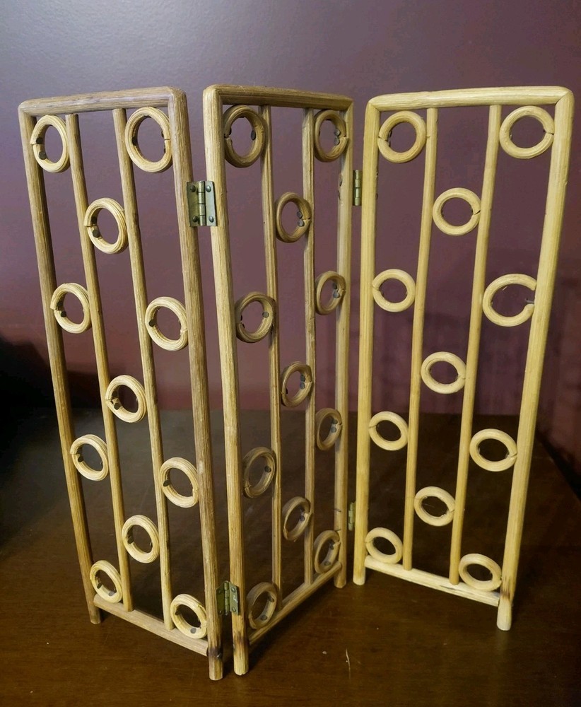 Vintage MCM 12" Small Wood Table Top 3 Panel Geometric Folding Screen Boho Chic