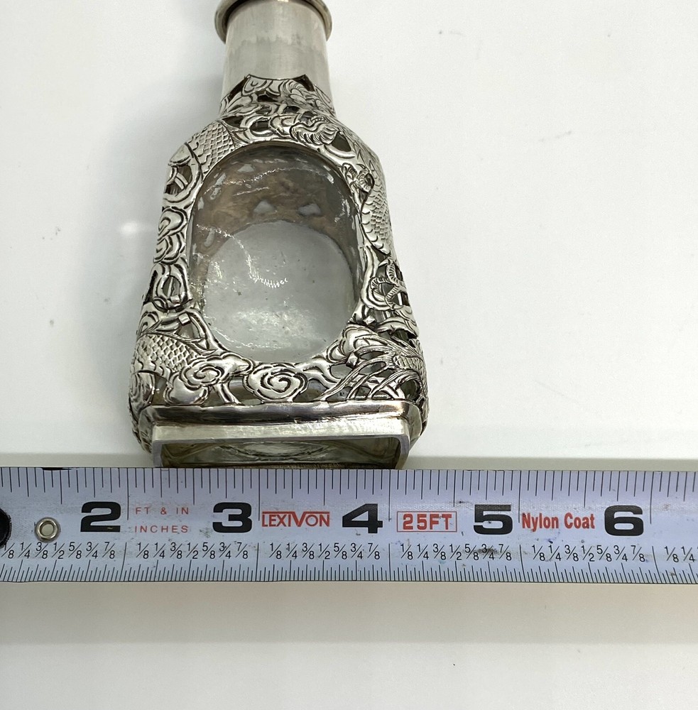 Antique Asian Signed Silver Overlay Dragon Pattern Bitters Bottle 5” 143g