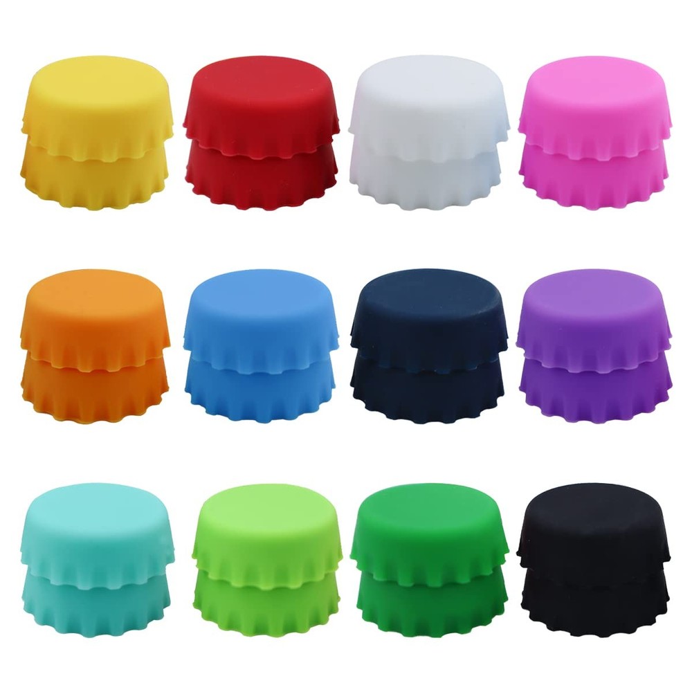 24 PCS Silicone Rubber Bottle Caps, 12 Colors Reusable Beer Caps for Home Bre...
