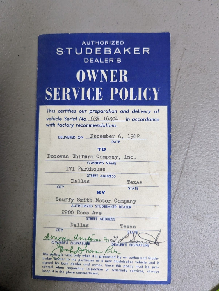 Studebaker Owner Service Policy