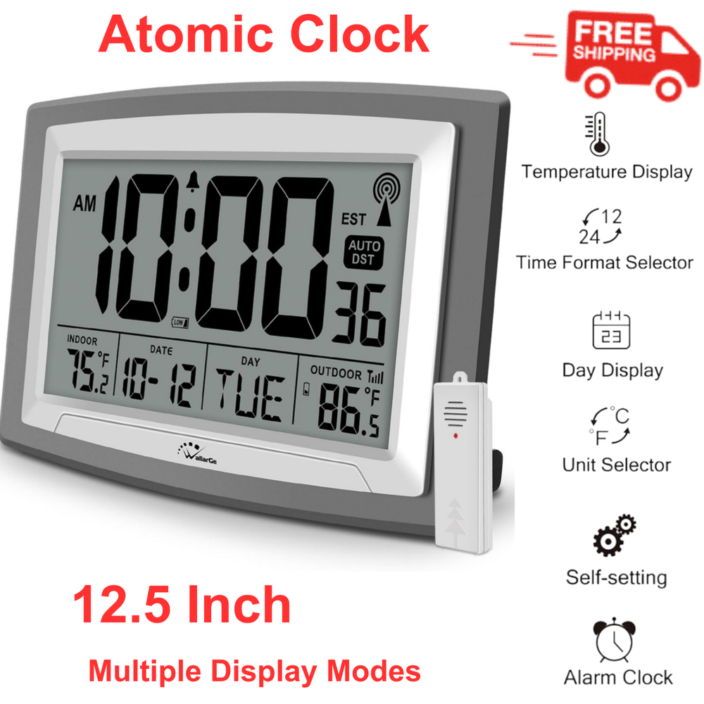 Atomic Clock with Indoor Outdoor Temperature, Self-Setting Digital Wall Clock