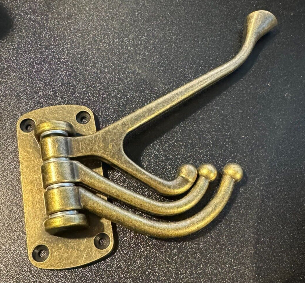 Antique Brass Triple Swivel Swing Coat Hooks Wall Mounted Set Solid Vtg 4 Hook