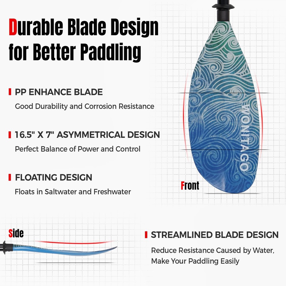 WONITAGO Kayak Paddle, Adjustable 230-250cm, Alloy Shaft, PP Blade, Floating