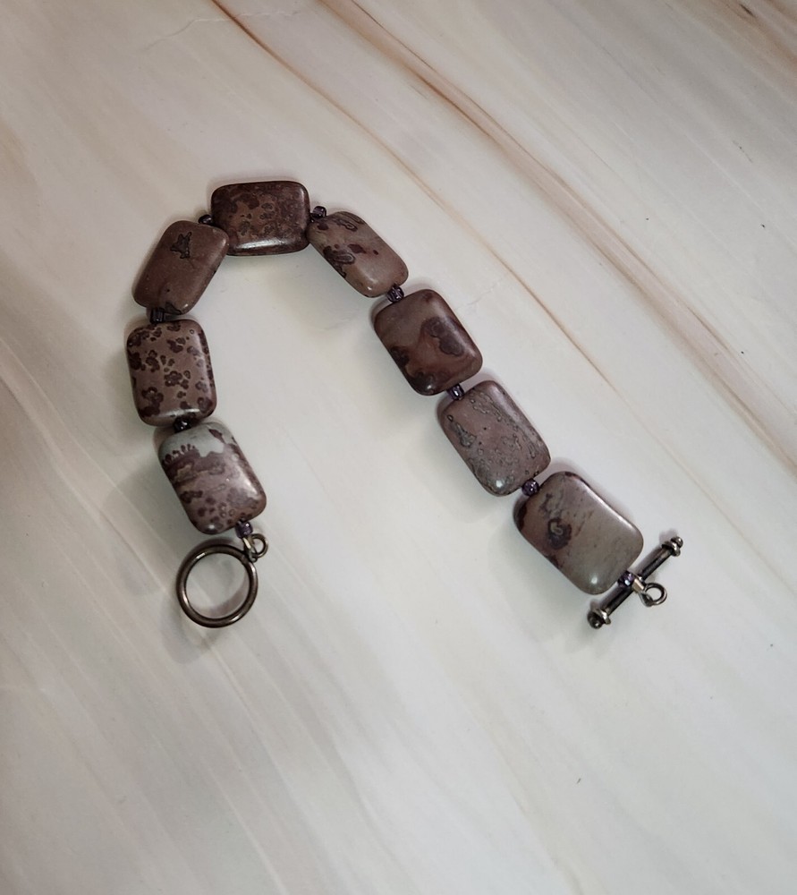 Natural Brown Jasper Crinoid Rectangular Stone Beaded Bracelet
