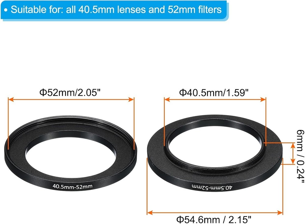 40.5mm-52mm Metal Step Up Ring, 2 Pack Camera Lens Filter Adapter Ring Alumin...