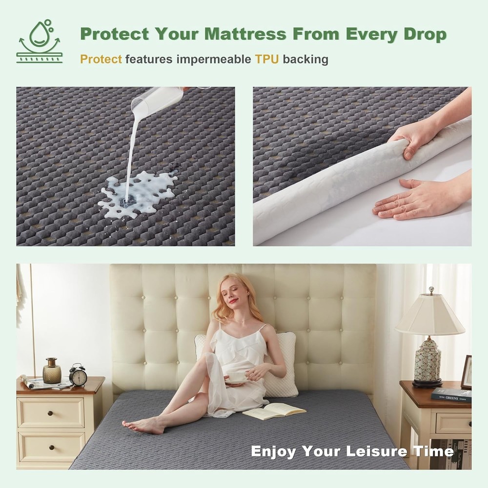 Protector colchón impermeable Queen, gris, lavable, sin ruido, 3D