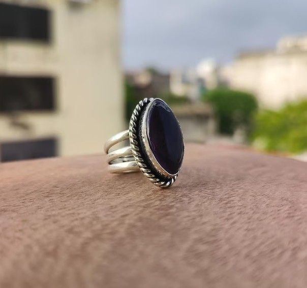 Solid 925 Sterling Silver Natural Amethyst Marquise Gemstone Triple Band Ring