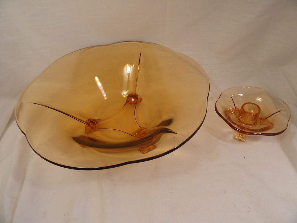 Amber Depression Glass Center or Console Bowl And Candlestick