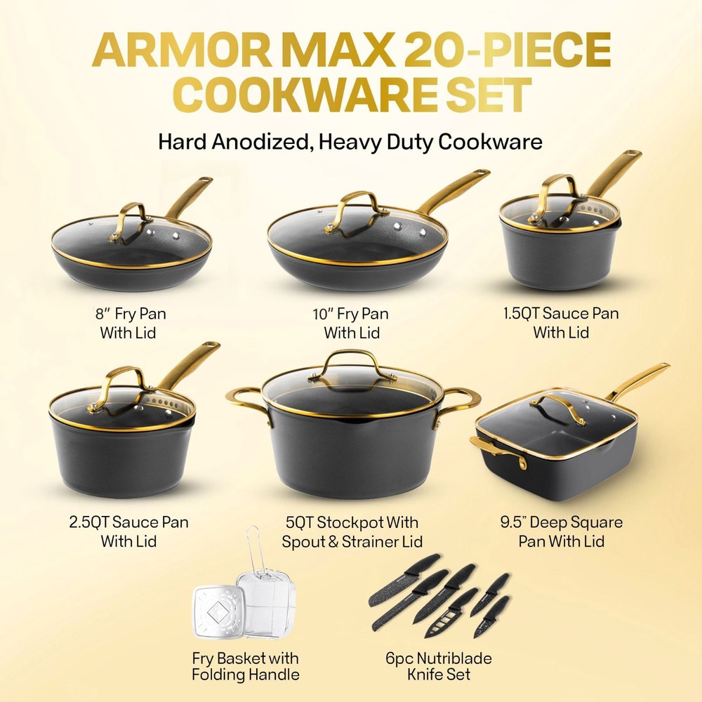 Granitestone Armor Max Gold 20 Pc Nonstick Hard Anodized Cookware set with Knife